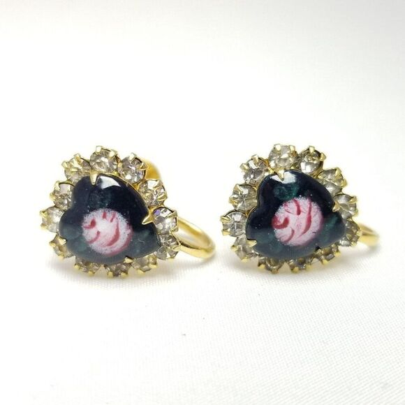 Vintage Enamel Heart Rhinestone Halo Clip On Earrings, Prong Set Screw Backs - Picture 5 of 6